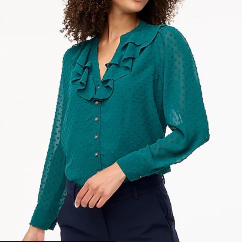 J Crew Clip Dot Ruffle Shirt in Green size medium